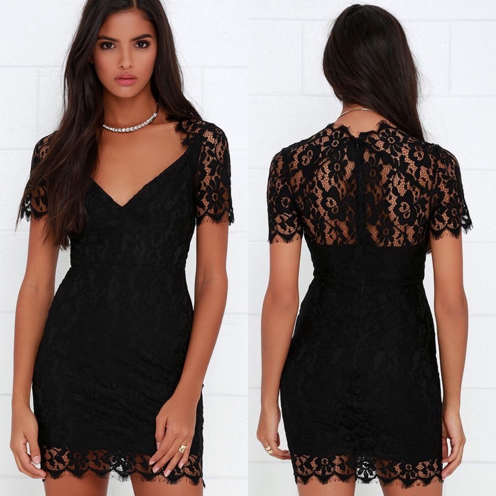 Lulu's Black Lace Short Sleeve Bodycon Dress